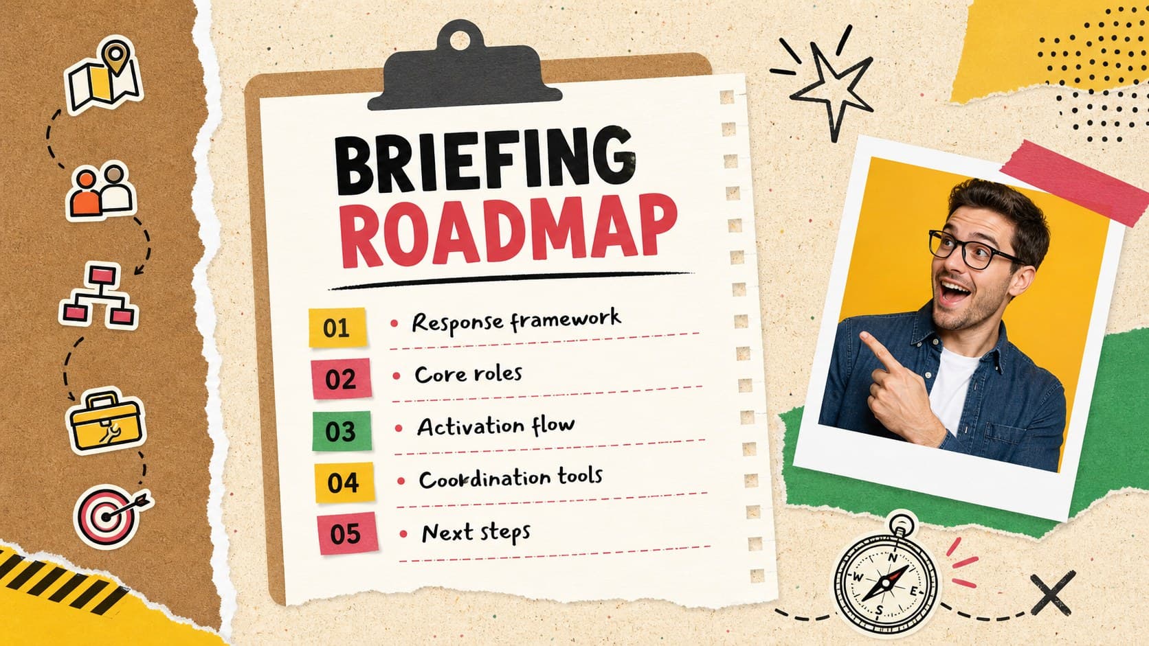 Scrapbook agenda slide outlining the sections of an emergency response team briefing.