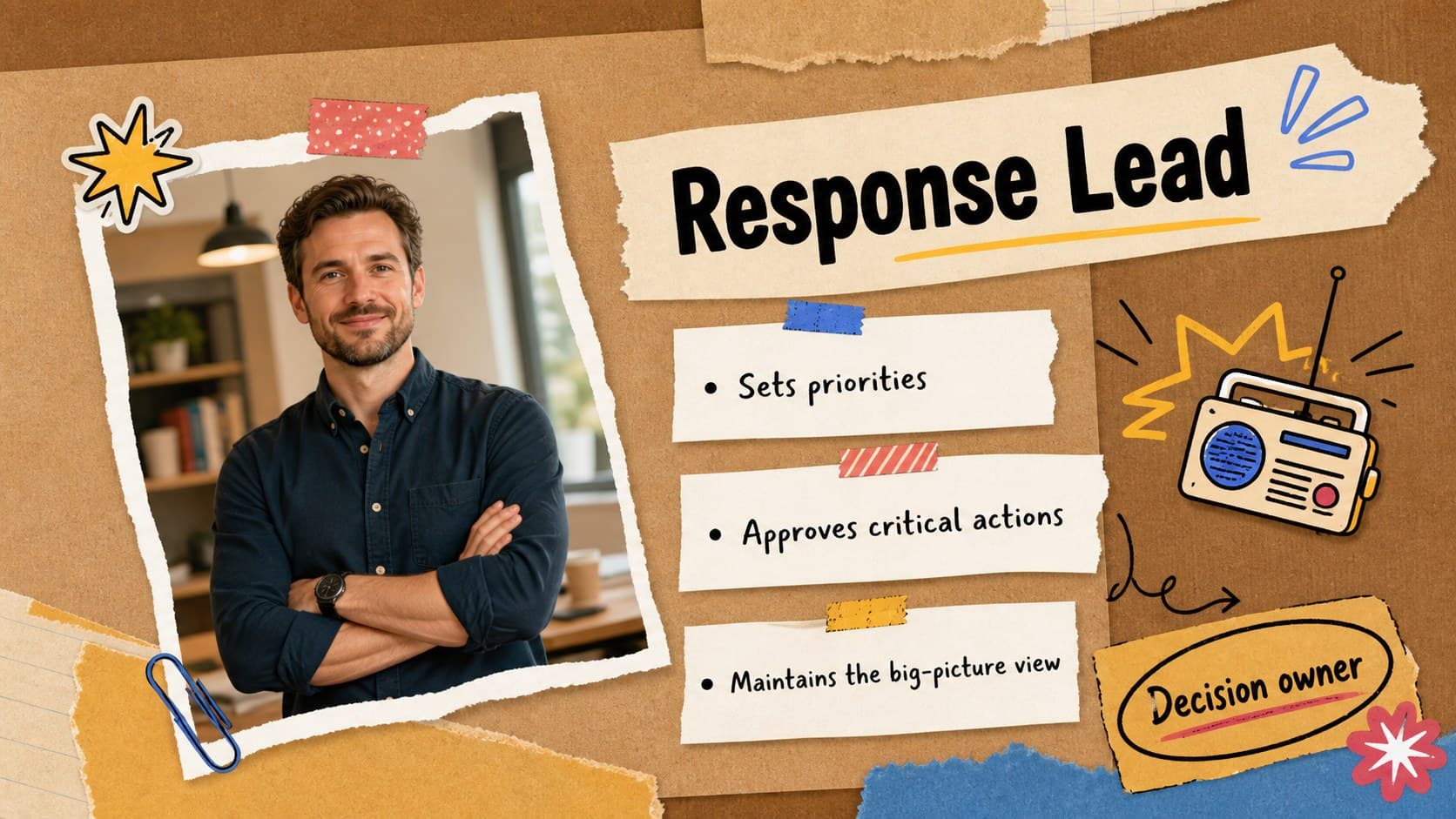 Incident command team slide profiling the response lead and their decision-making responsibilities.