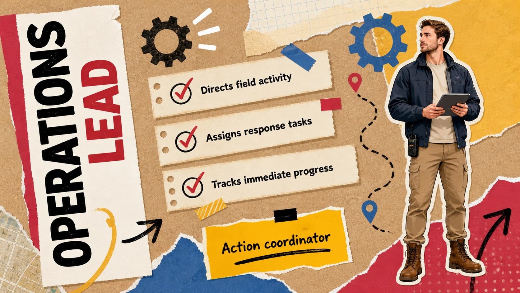 Crisis response team presentation slide introducing the operations lead and immediate action priorities.