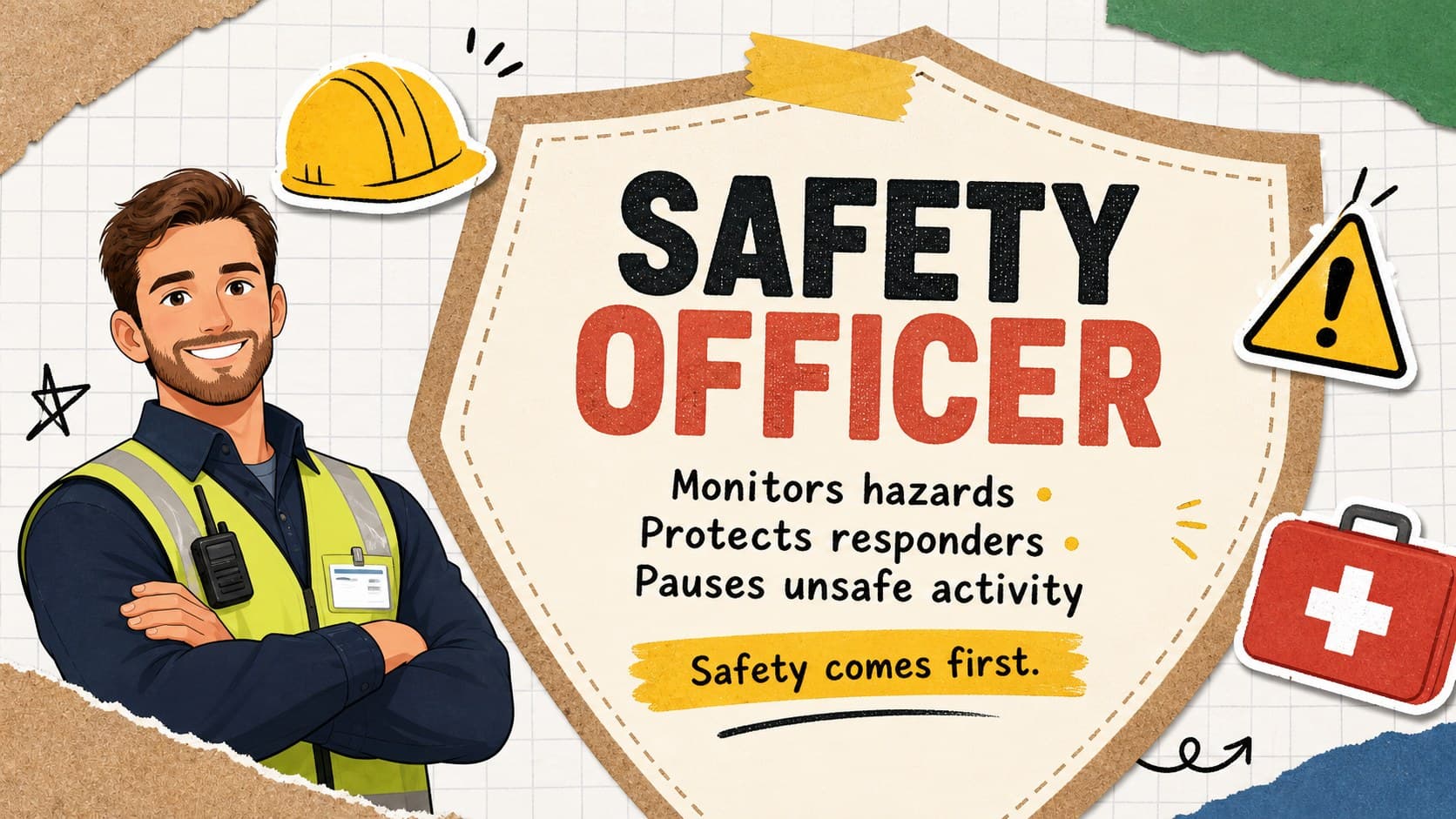 Emergency preparedness slide describing the safety officer’s hazard monitoring and protective duties.