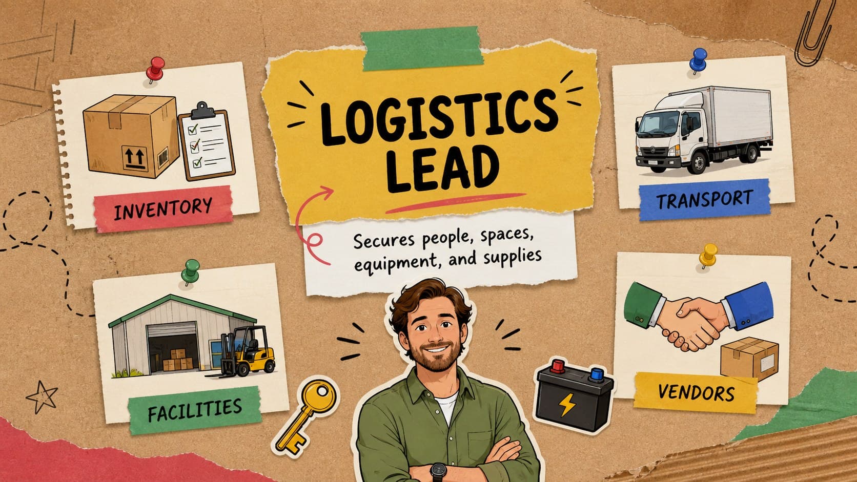 Response staff introduction deck slide presenting the logistics lead and resource coordination duties.