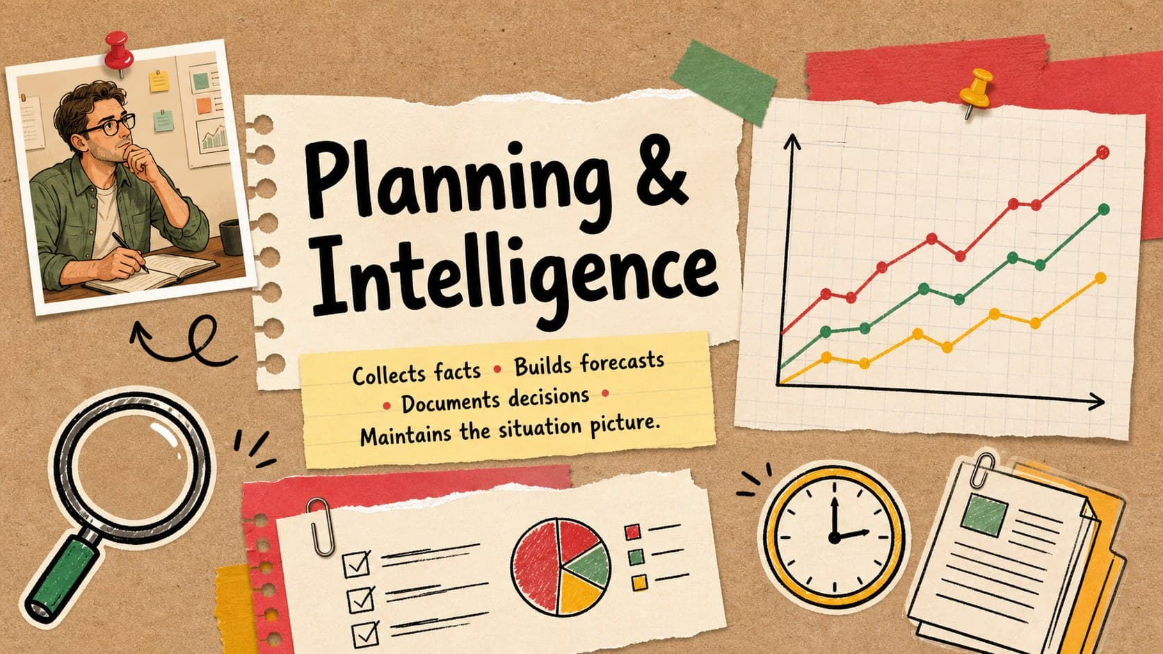 Incident planning role slide showing information gathering, forecasting, documentation, and status tracking.