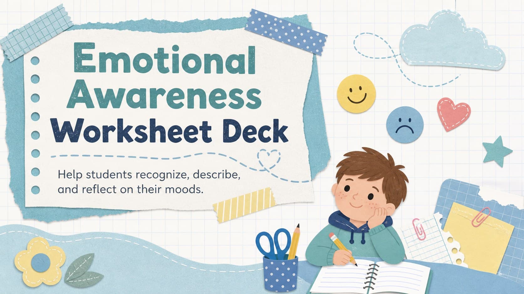 Cover of a pastel blue and white emotional awareness worksheet deck with layered scrapbook paper and classroom-themed accents.