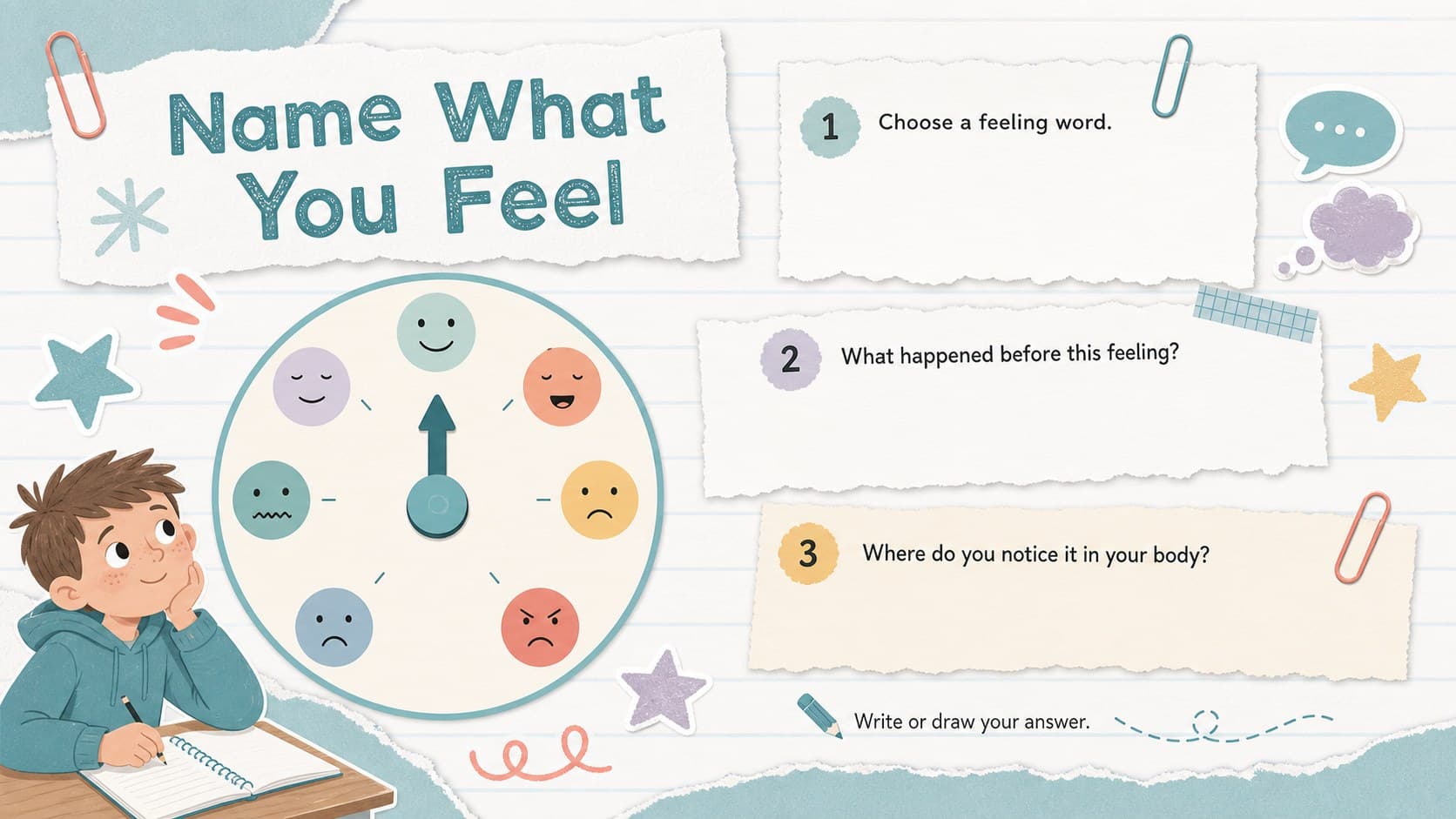 Pastel scrapbook mood identification worksheet asking students to name an emotion and reflect on its cause.