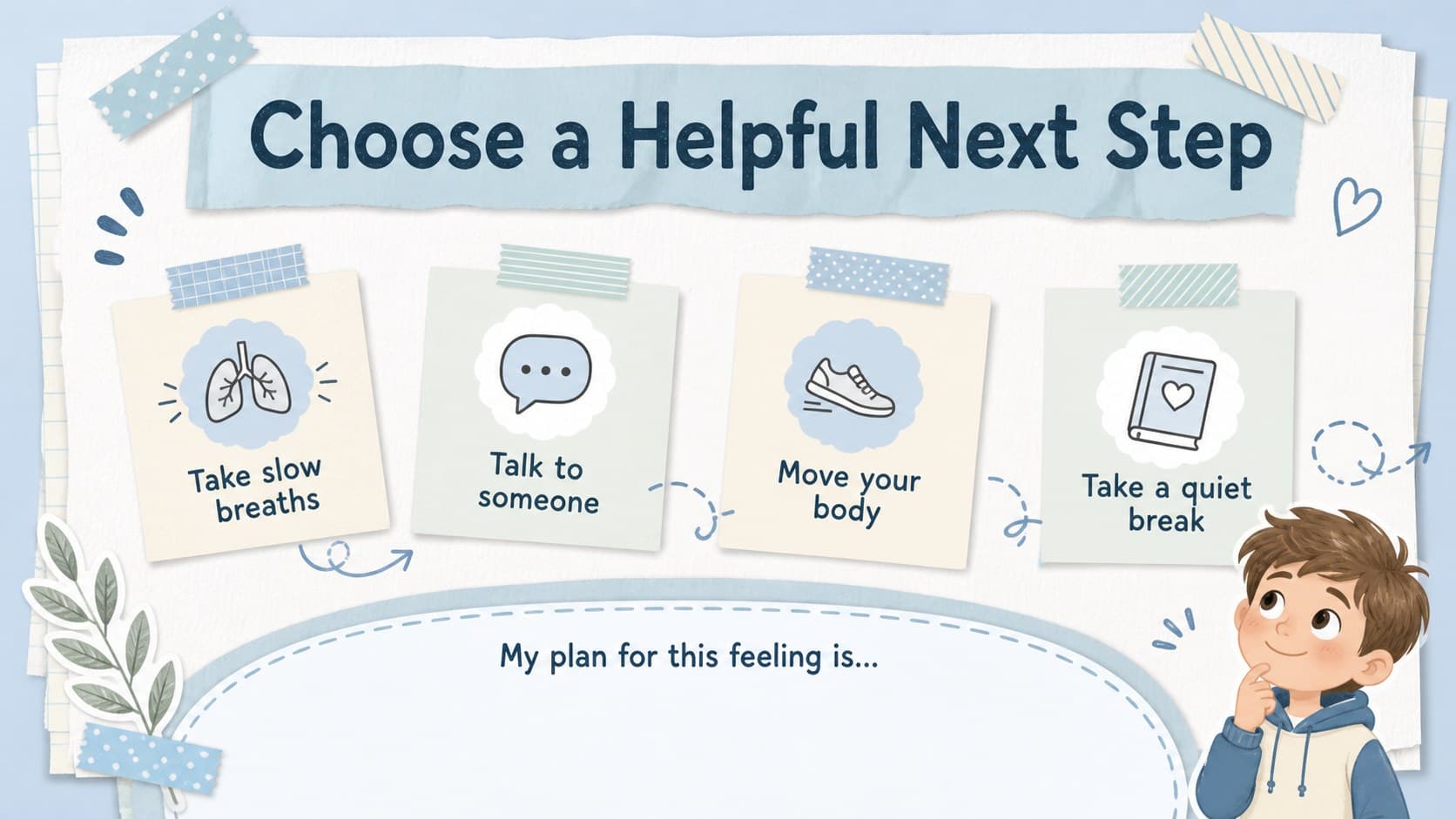 Blue and white student coping skills reflection worksheet with choice prompts and a space to plan a healthy response.
