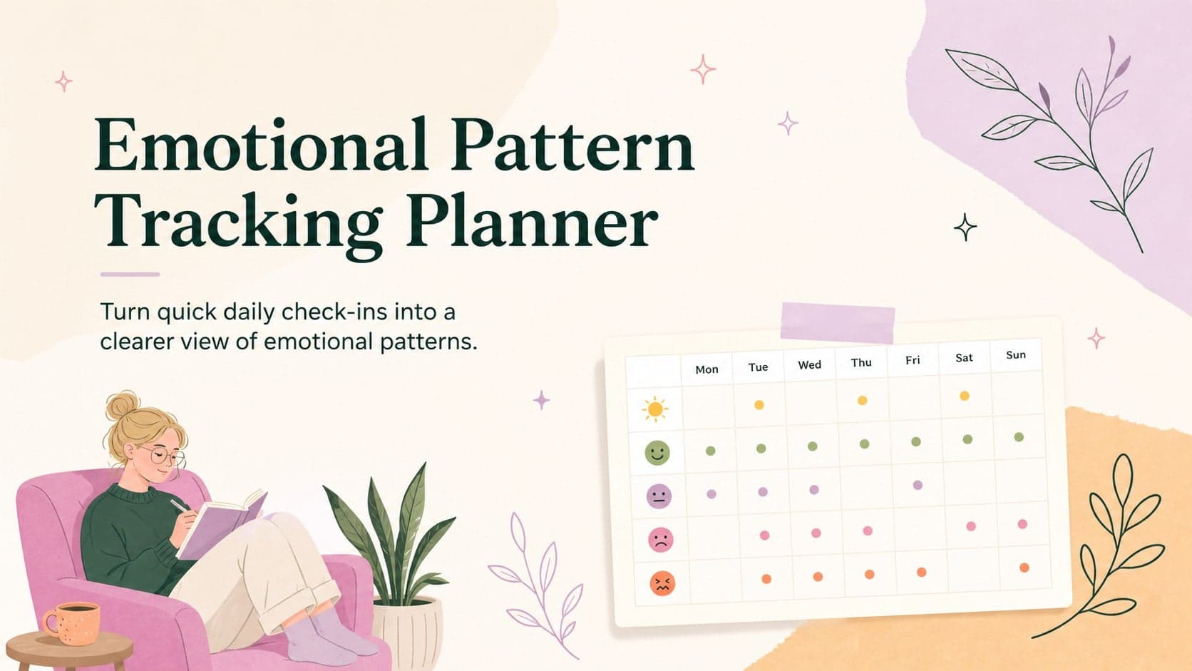 Cover of the Emotional Pattern Tracking Planner with pastel botanical accents and a color-coded weekly preview.
