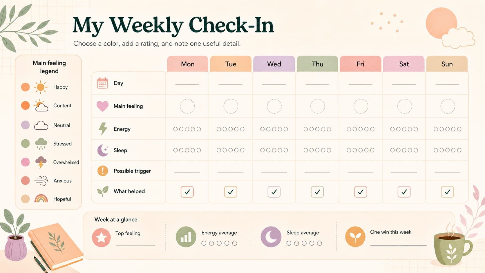Color-coded weekly mood pattern spreadsheet with daily emotion, energy, sleep, trigger, and support fields.