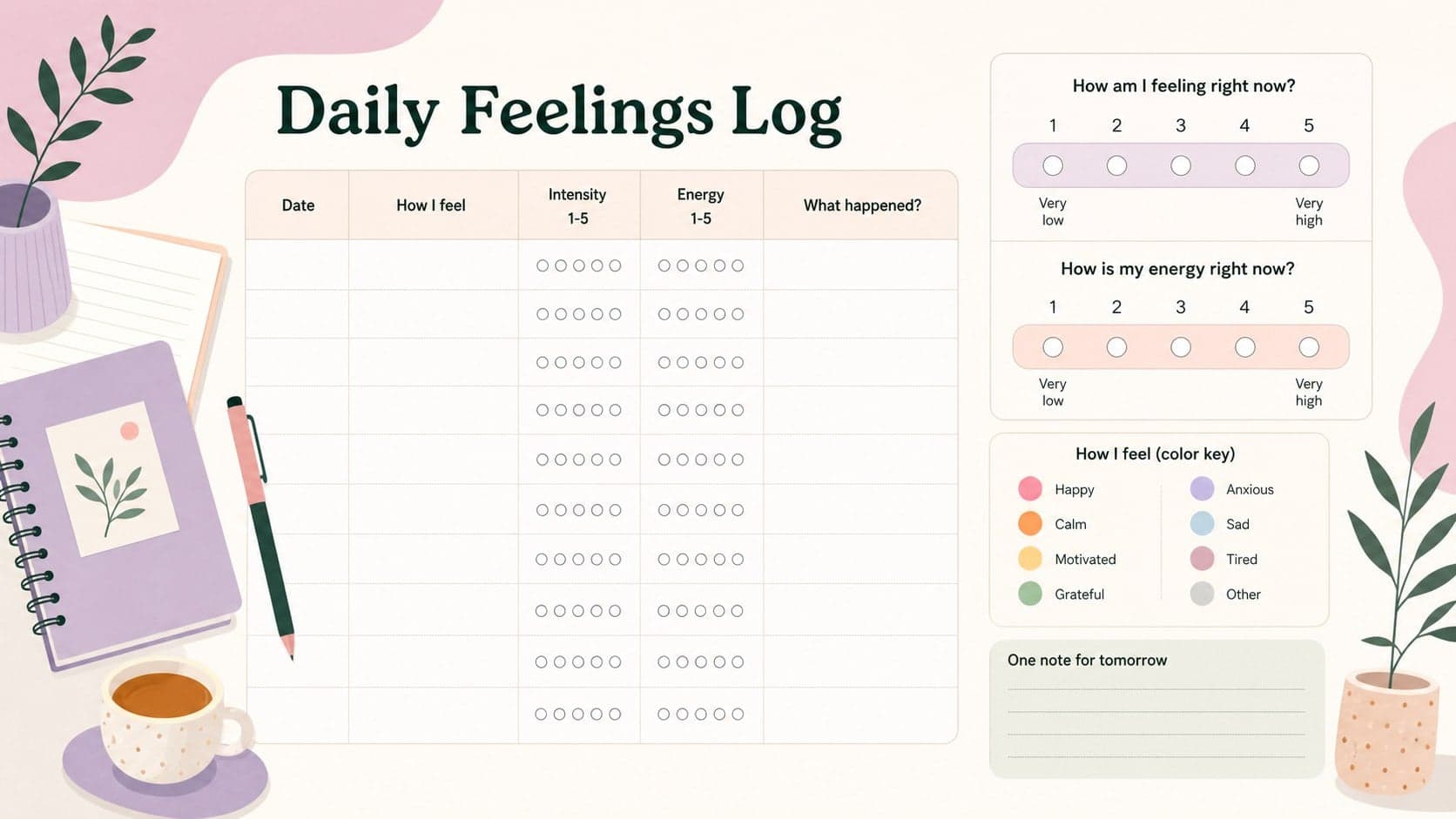 Daily emotional wellness log with rating scales, trigger notes, and a color-coded feelings key.