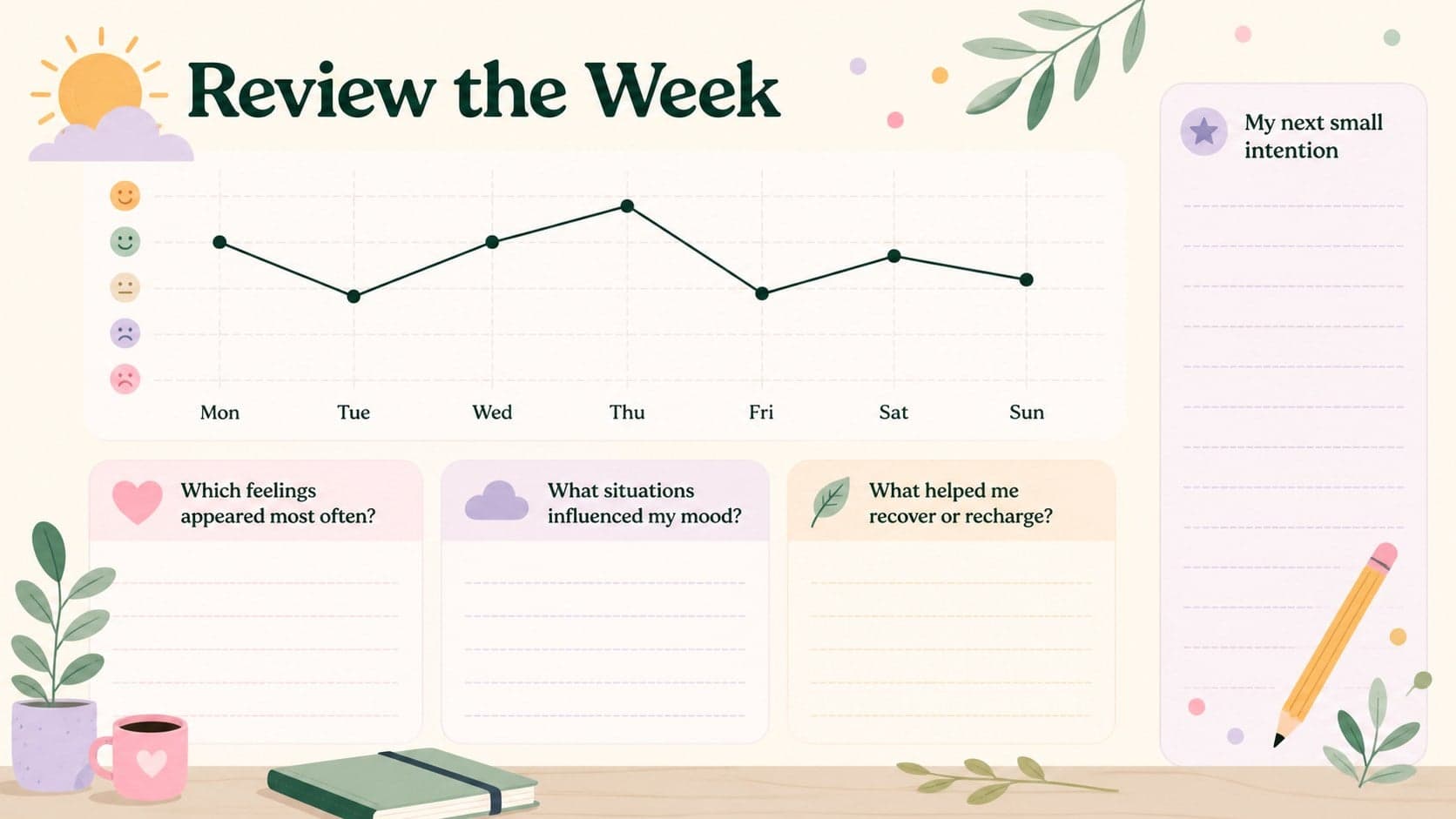 Weekly emotional trends review with a pastel chart, reflection prompts, and a next-week intention.