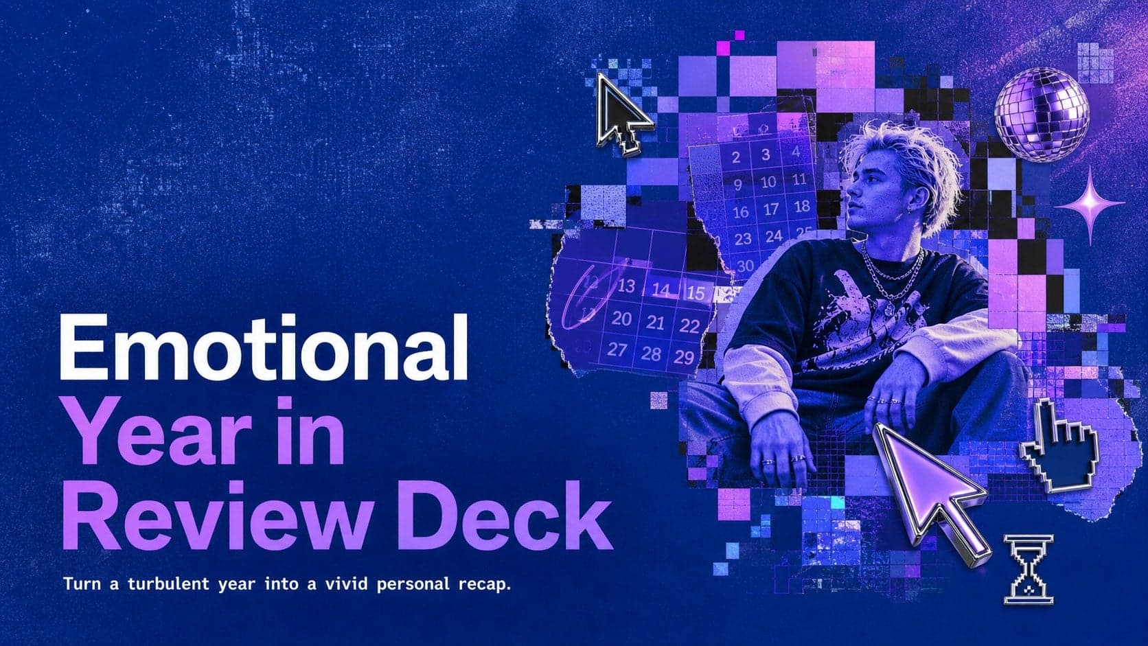 Cover of an Emotional Year in Review Deck with electric blue and purple Y2K typography.