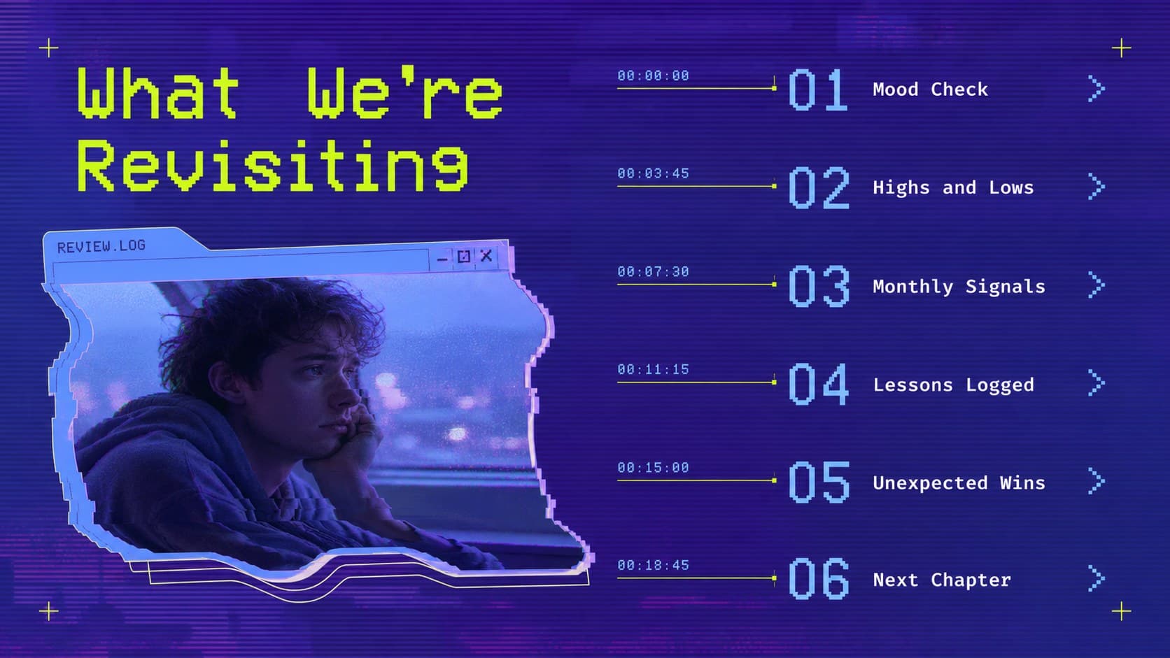 Blue and purple agenda slide outlining sections of a personal mood recap presentation.