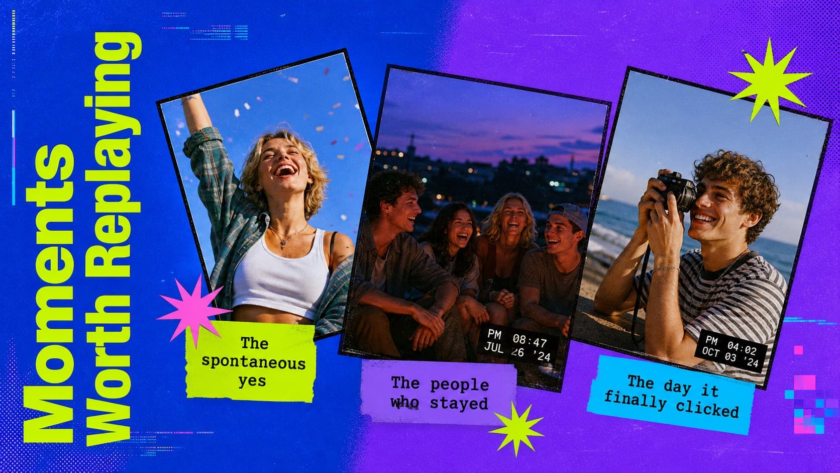Y2K highlight reel slide with three photo spaces for memorable personal moments.