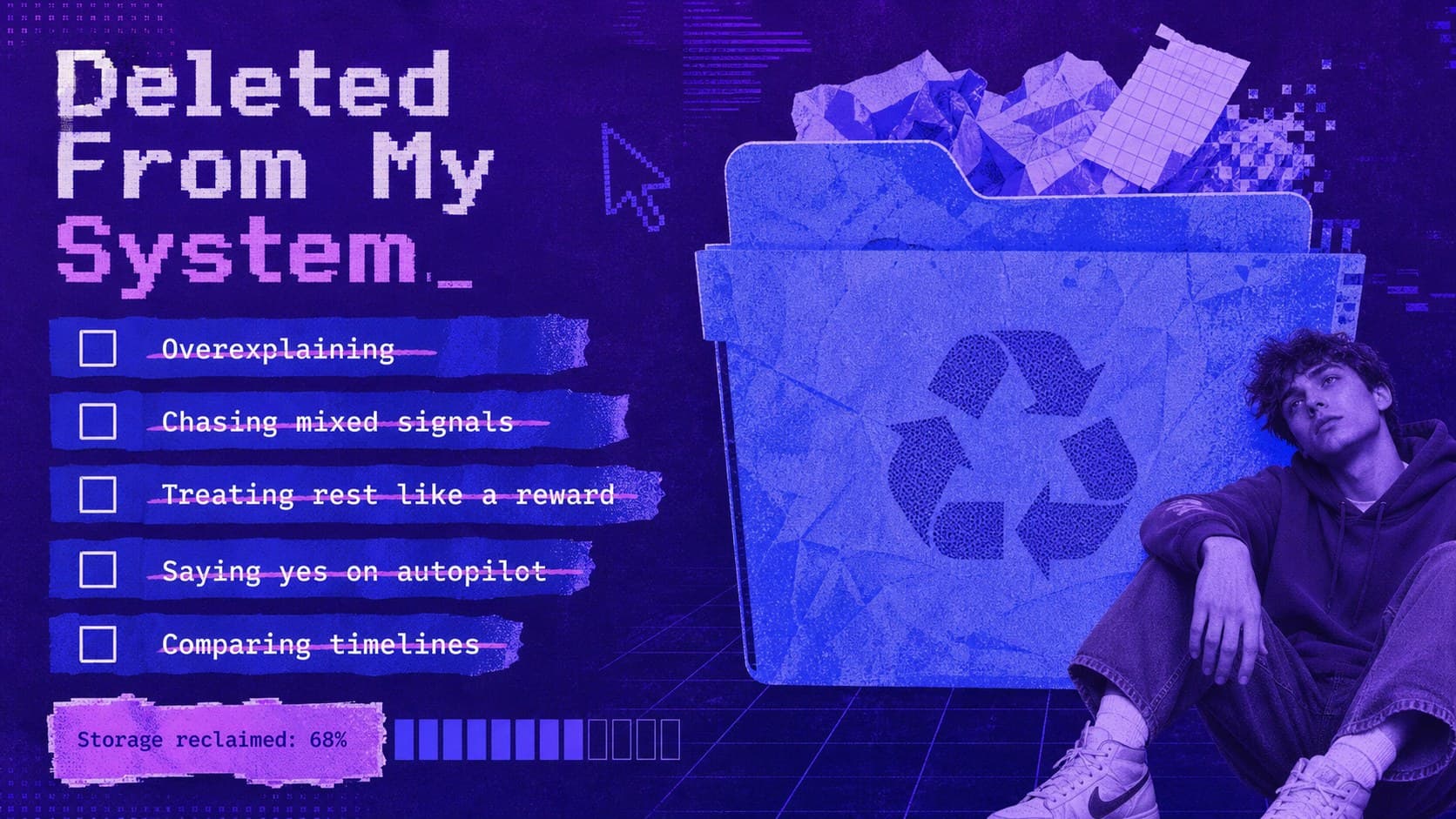 Emotional year recap presentation slide listing habits and ideas left behind.