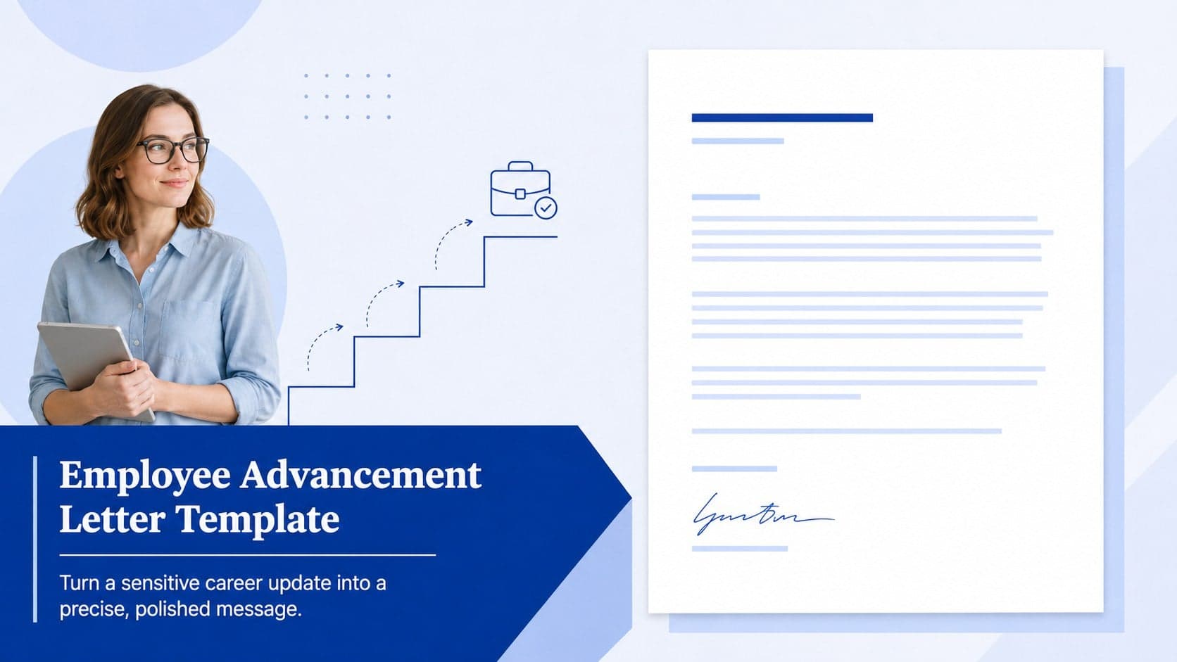 Blue-and-white cover for an employee advancement letter template with a formal corporate layout.