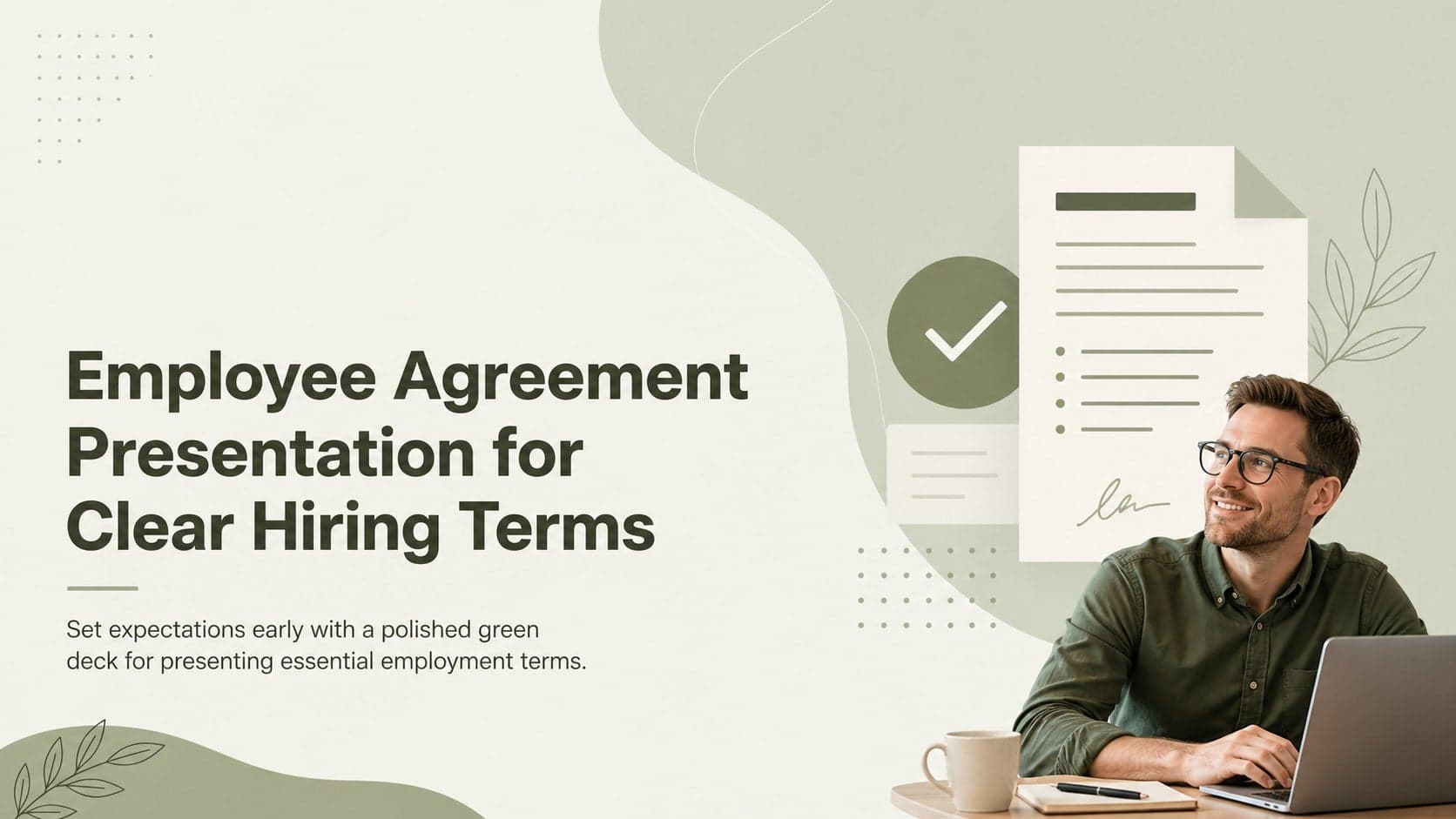 Green employee agreement presentation cover introducing clear hiring terms for a new team member.