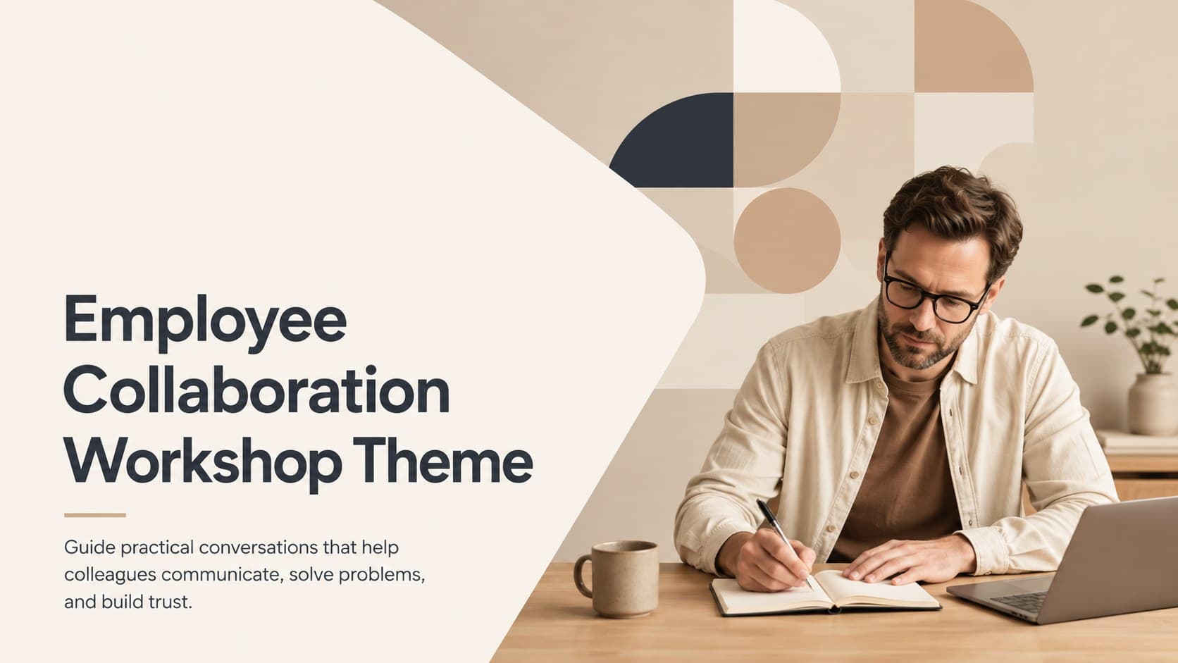 Beige cover for an employee collaboration workshop theme with bold modern typography and abstract teamwork graphics.