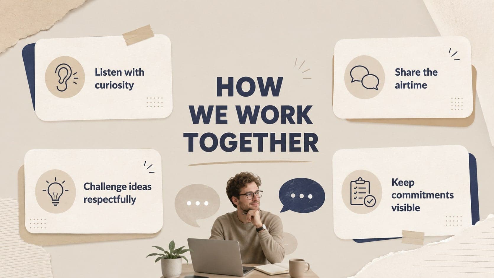 Beige team agreements slide with four principles for a productive employee collaboration workshop.