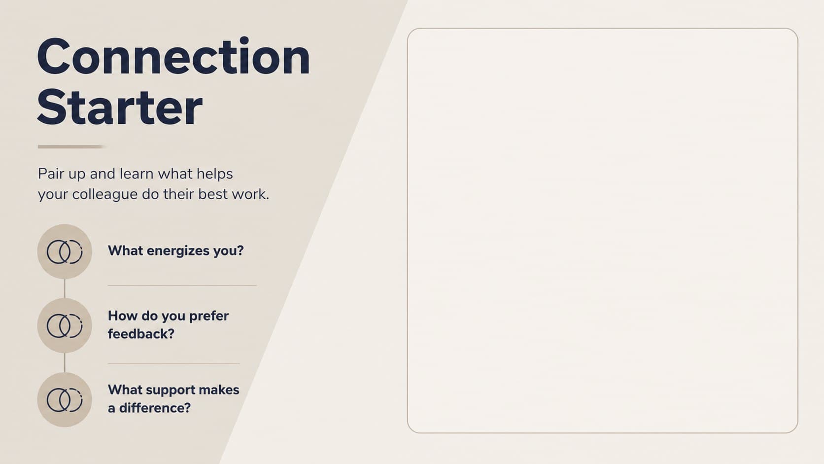 Workplace connection activity slide featuring partner interview prompts in a minimalist beige design.