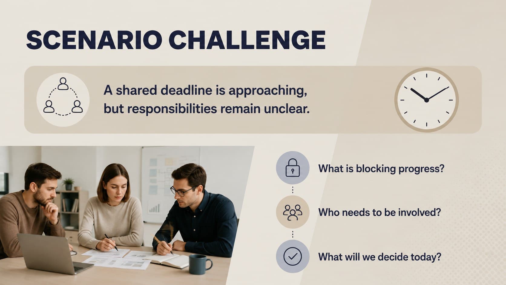 Beige collaboration scenario slide with a workplace challenge and discussion questions.