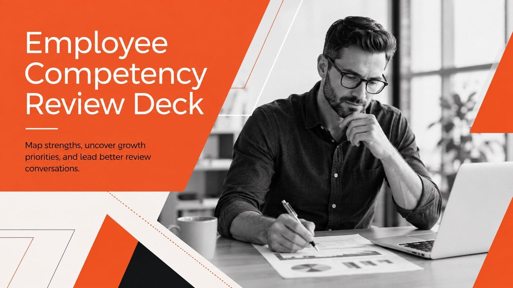 Cover of an Employee Competency Review Deck with bold orange geometry and a structured professional title.