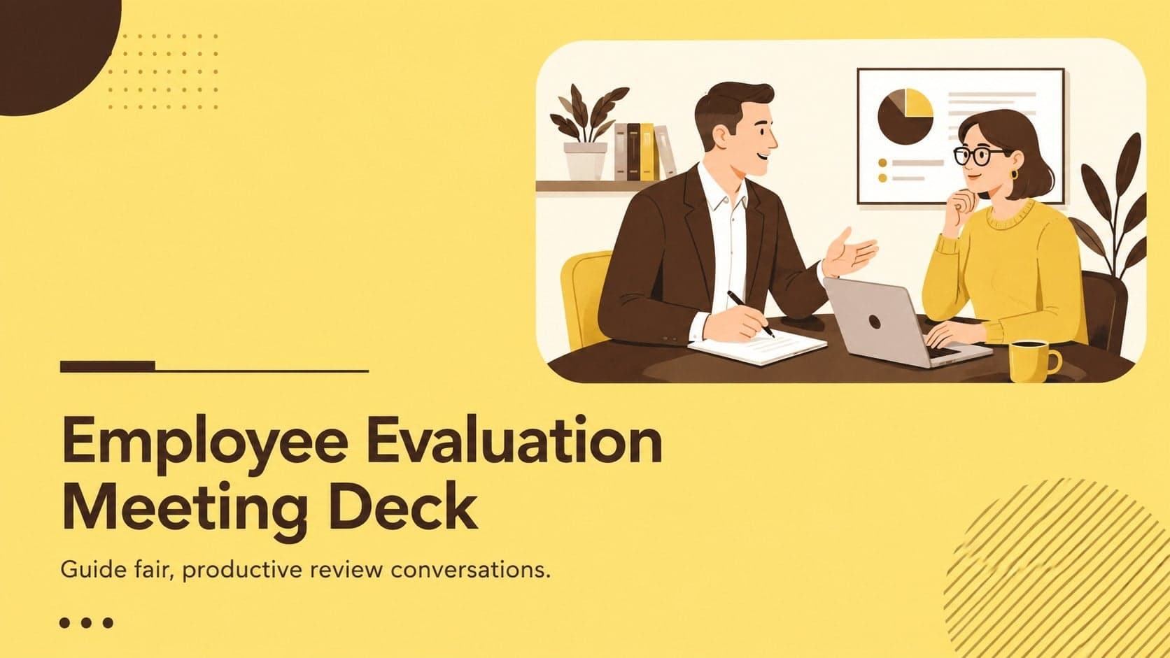 Employee evaluation meeting deck cover with bold yellow and brown typography and an original workplace illustration.