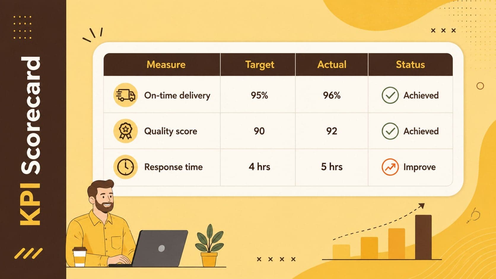 KPI review presentation for teams with target, actual, and status data in a clean scorecard.