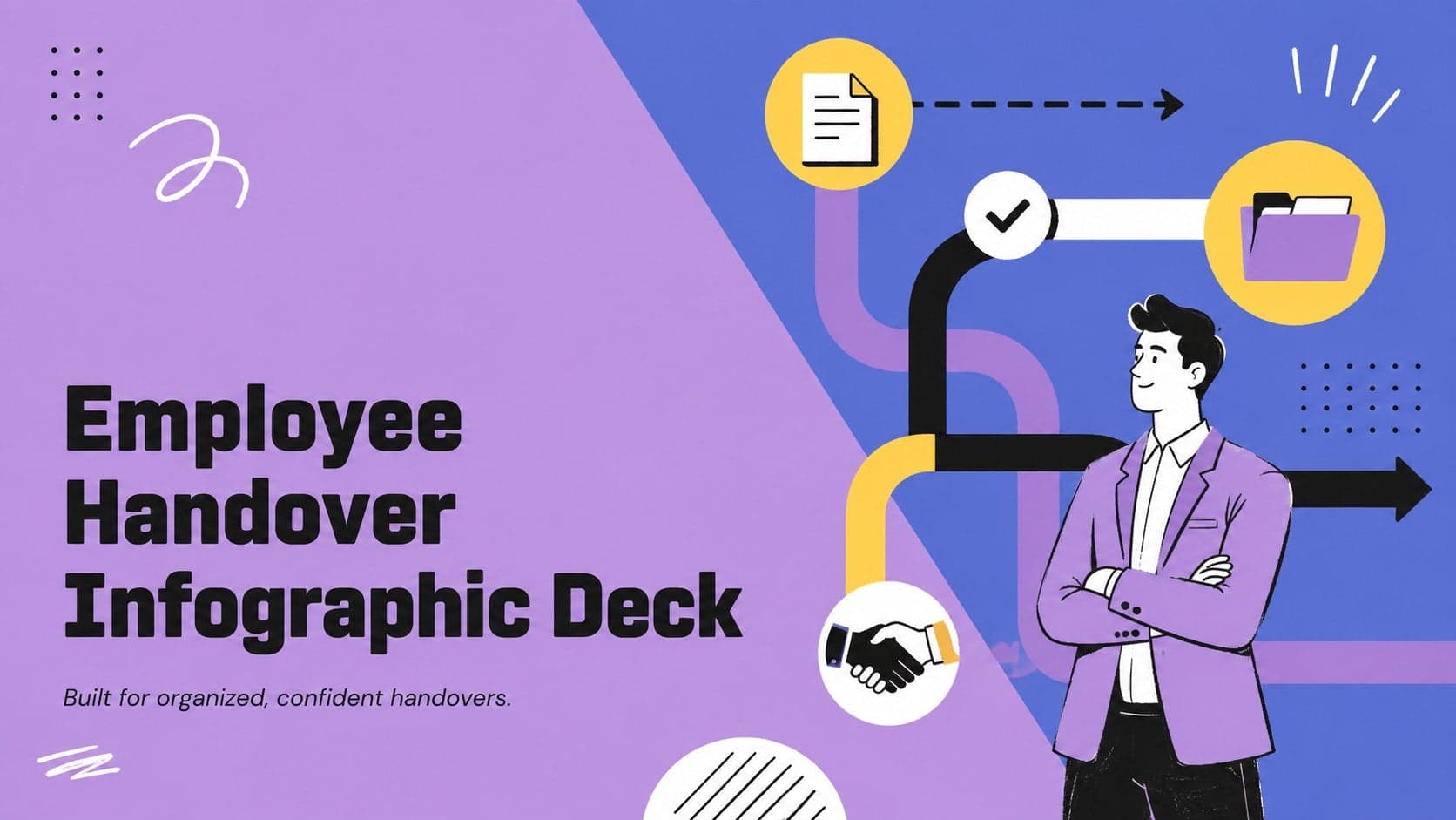 Cover of the Employee Handover Infographic Deck with bold illustrated shapes in purple, blue, yellow, black, and white.