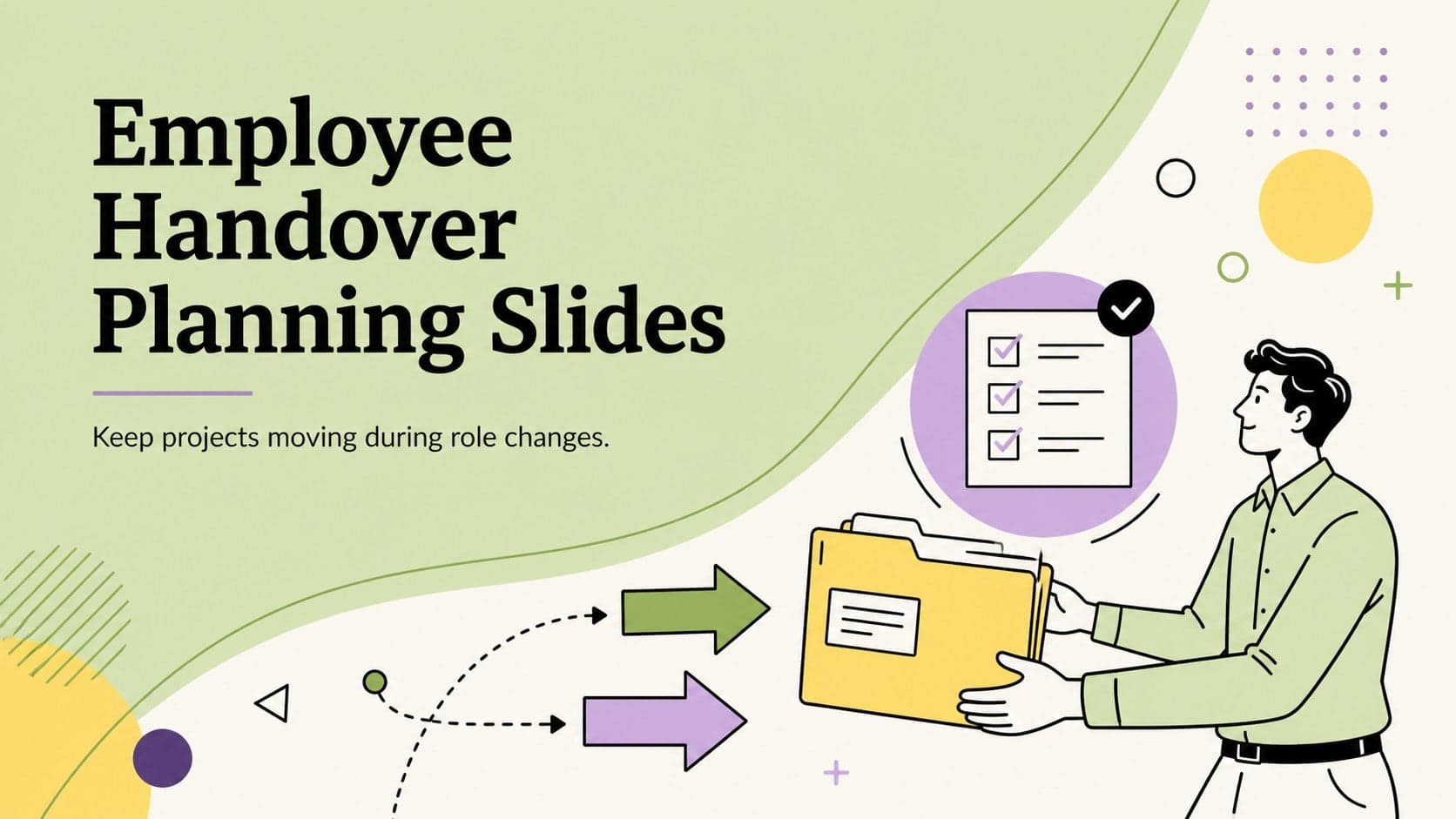 Cover for Employee Handover Planning Slides with green illustrated workplace graphics and bold yellow and purple accents.