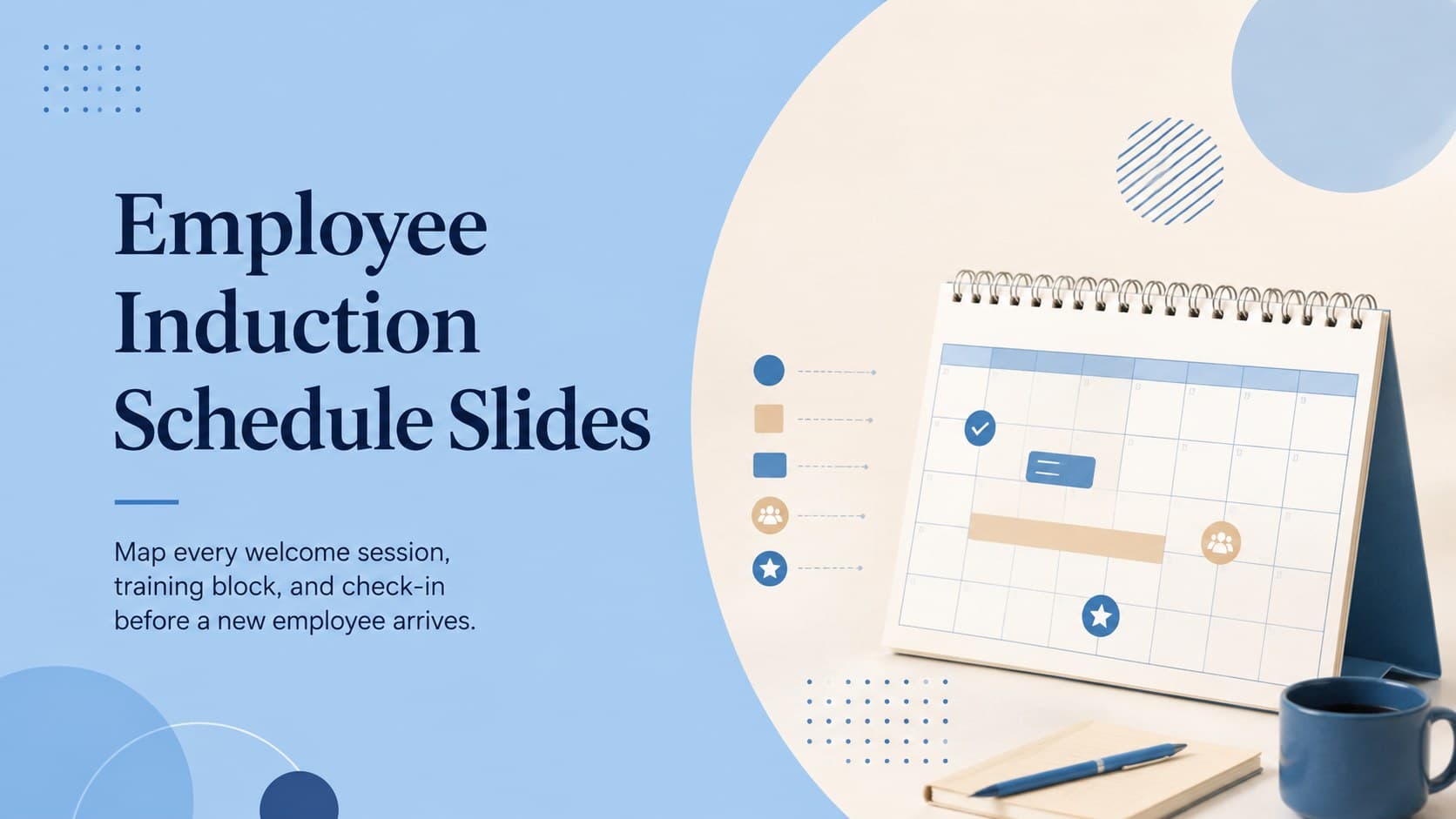 Cover for Employee Induction Schedule Slides in a minimalist blue-and-beige corporate style.