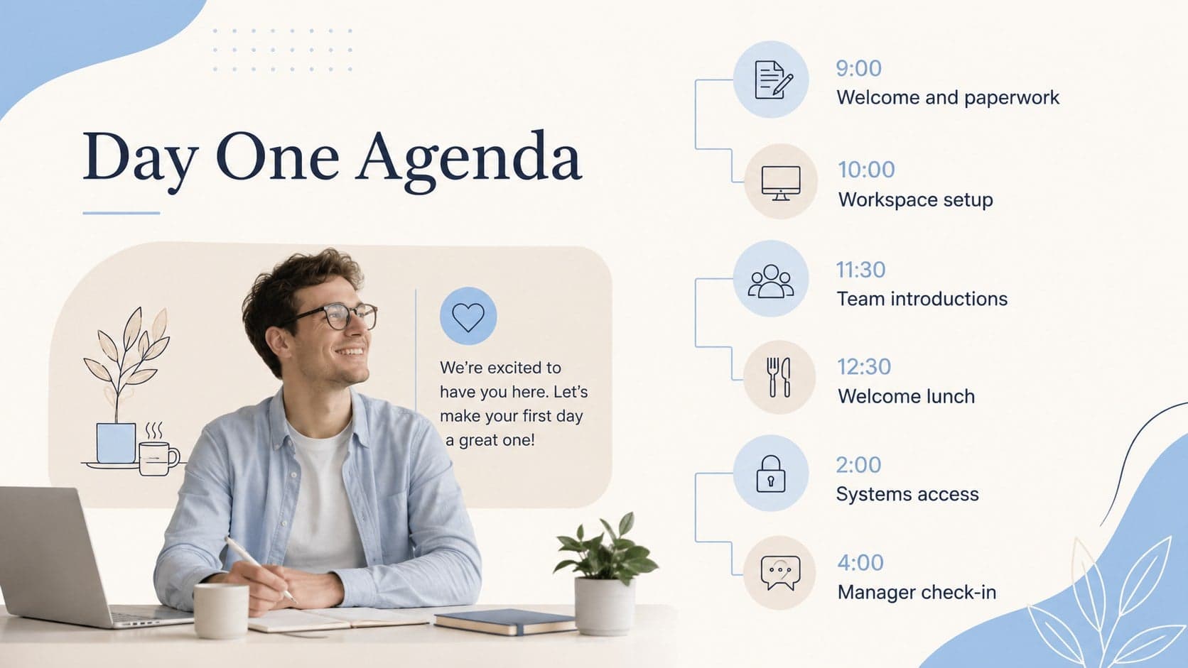 First-day onboarding agenda with timed welcome, setup, lunch, and team introduction activities.