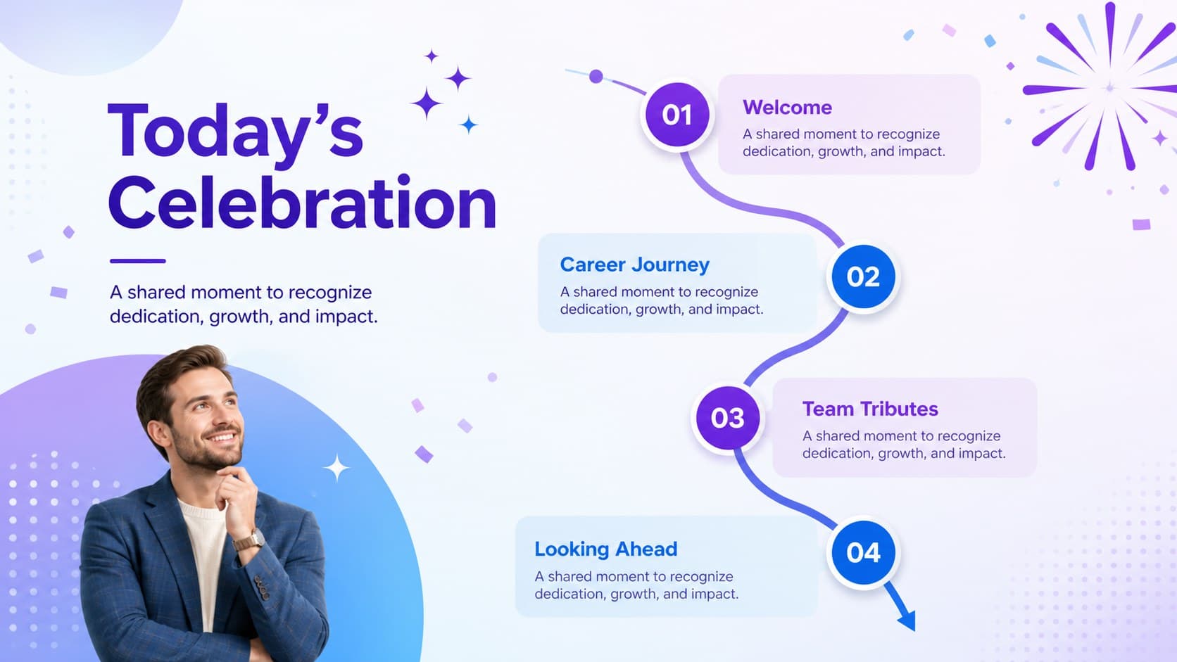 Event agenda slide for an employee appreciation meeting with four milestone sections.