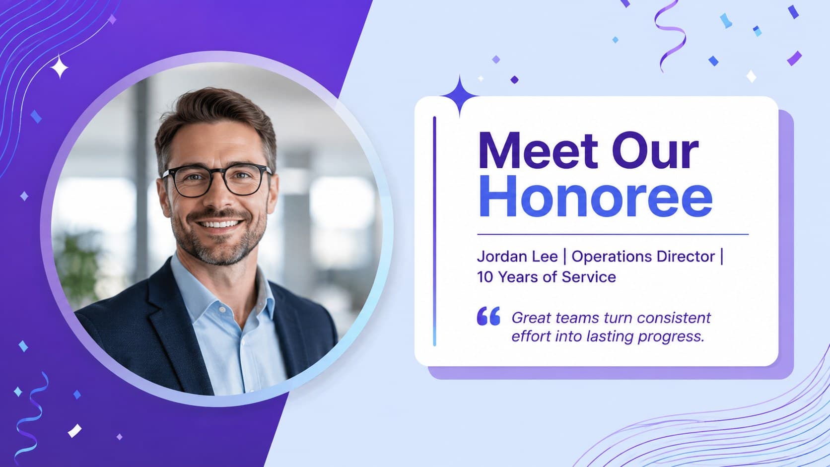 Employee profile layout for a career milestone tribute deck with portrait and key facts.