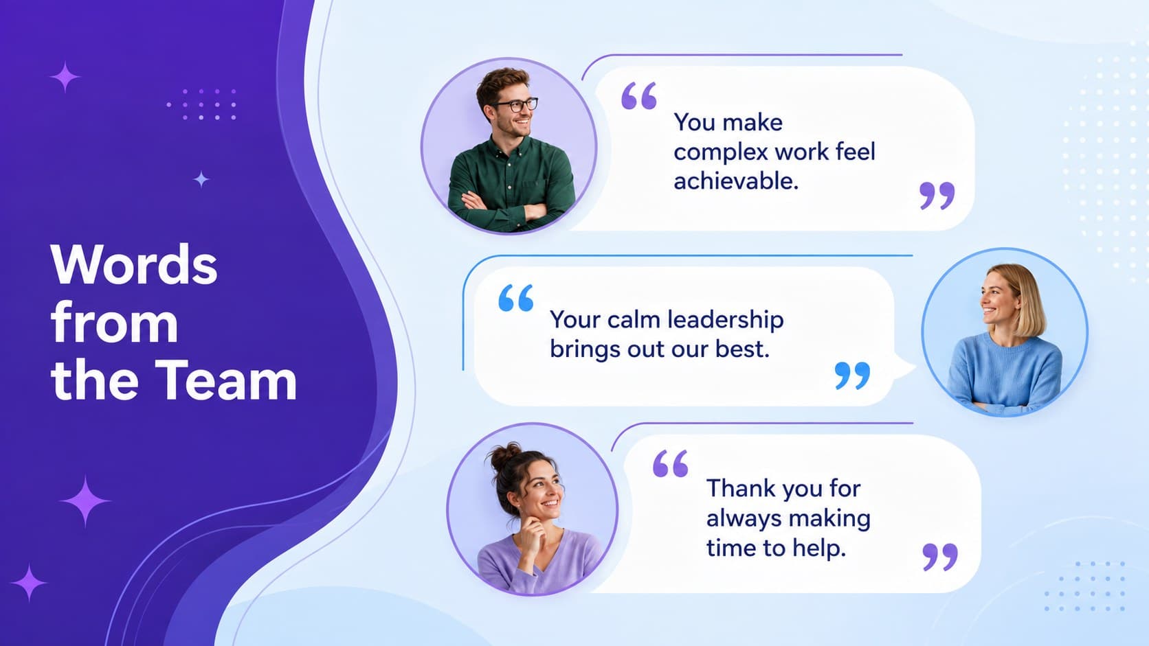 Workplace recognition ceremony slide displaying three colleague tribute messages.