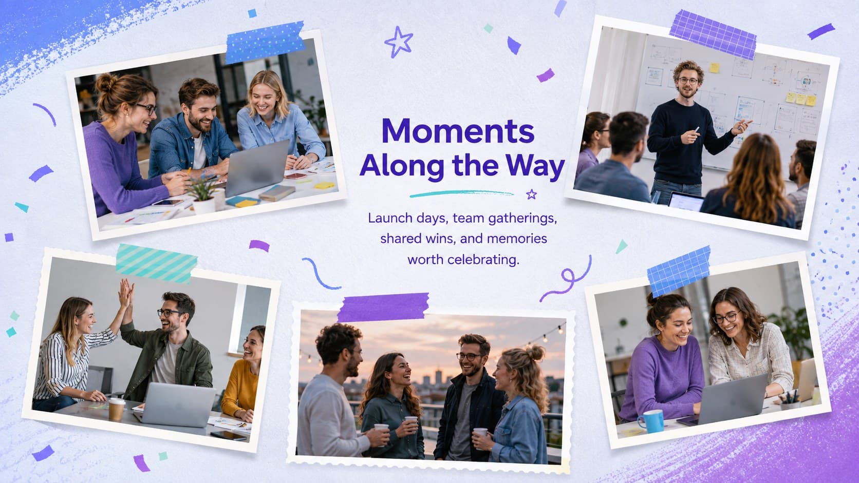 Purple and blue photo collage for an employee service anniversary ceremony.