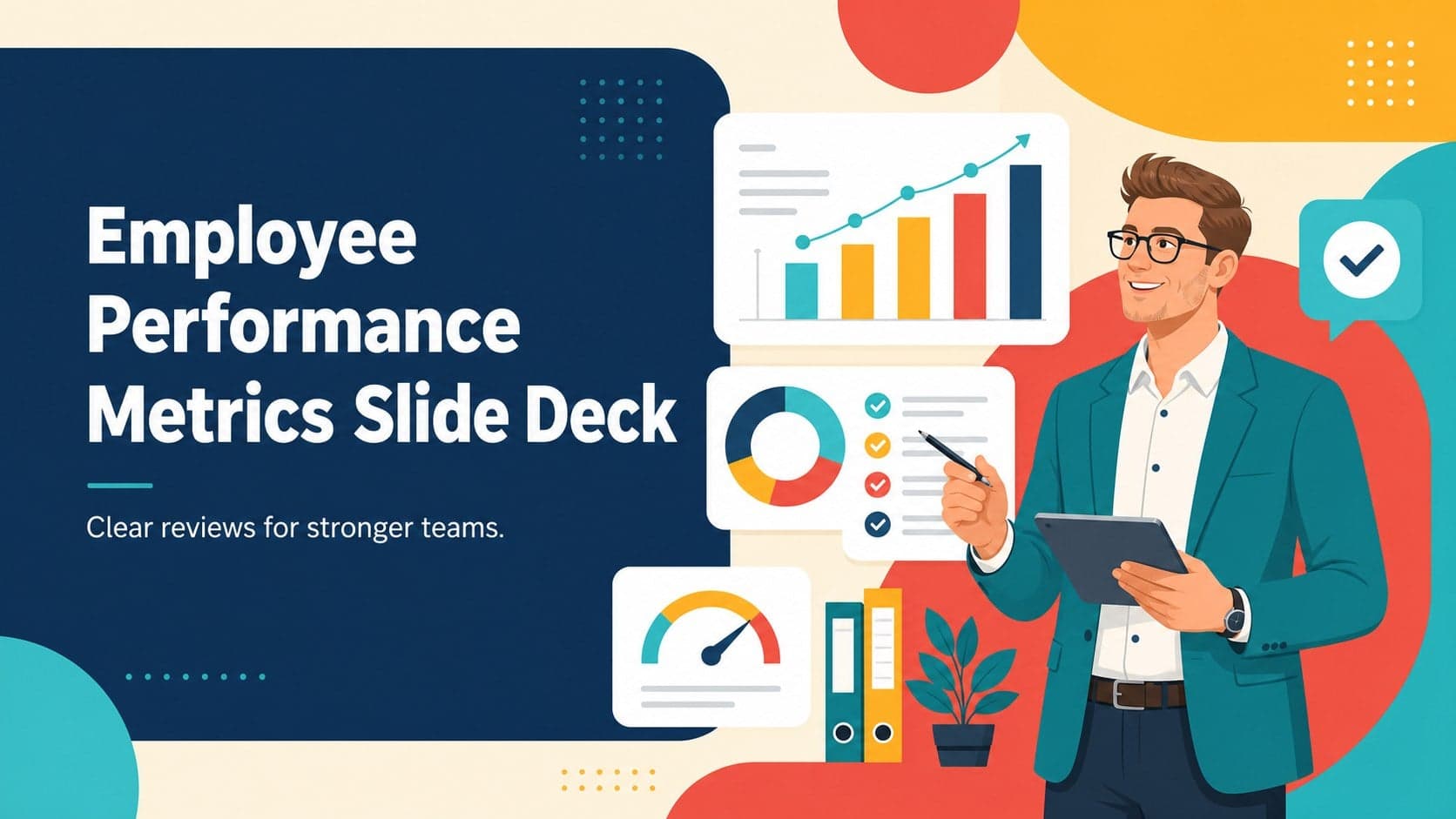 Colorful illustrated cover for an employee performance metrics slide deck with a modern workplace scorecard layout.