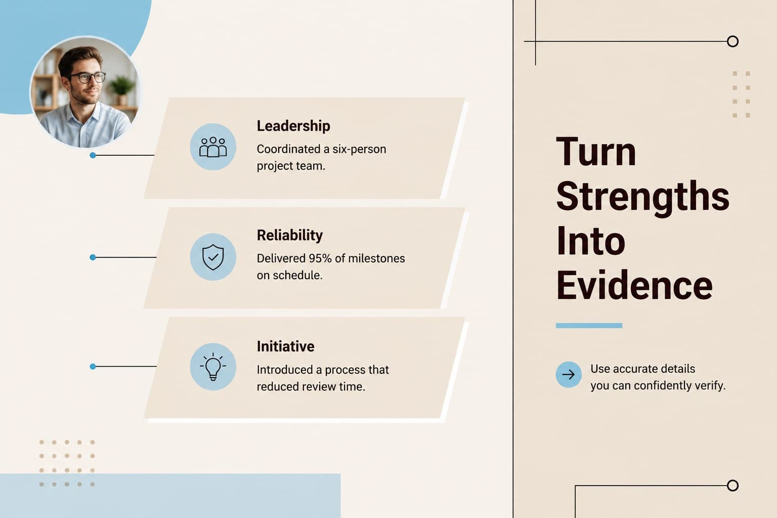Professional reference letter presentation slide pairing employee strengths with measurable workplace evidence.