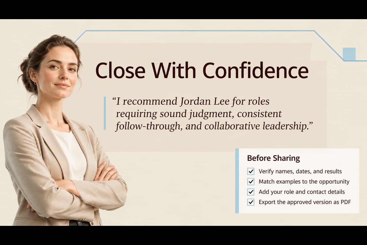 Customizable recommendation letter deck slide with a concise final endorsement and review checklist.