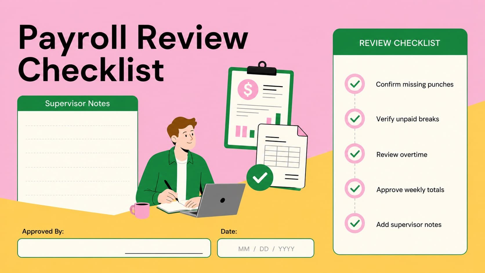 Payroll review checklist for an employee shift punch log with supervisor approval fields and pastel timekeeping illustrations.