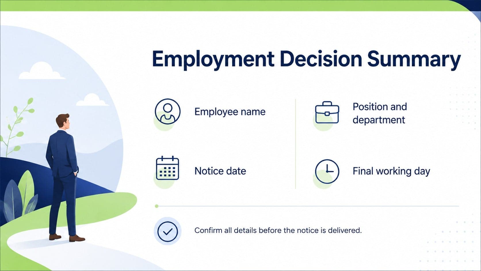 Employment decision summary slide listing employee details and key termination notice dates.