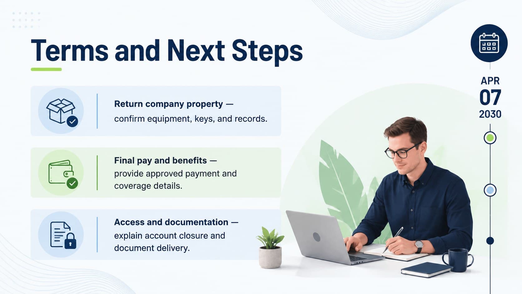 Professional offboarding notice deck slide outlining final pay, property return, benefits, and access steps.