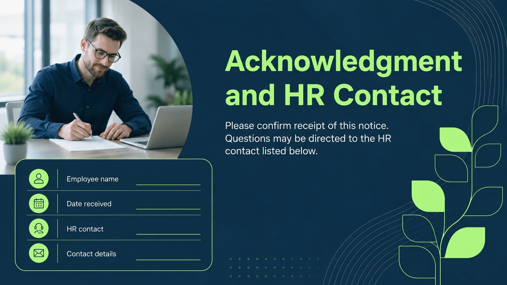 Employee exit notice acknowledgment slide with receipt confirmation and HR contact fields.