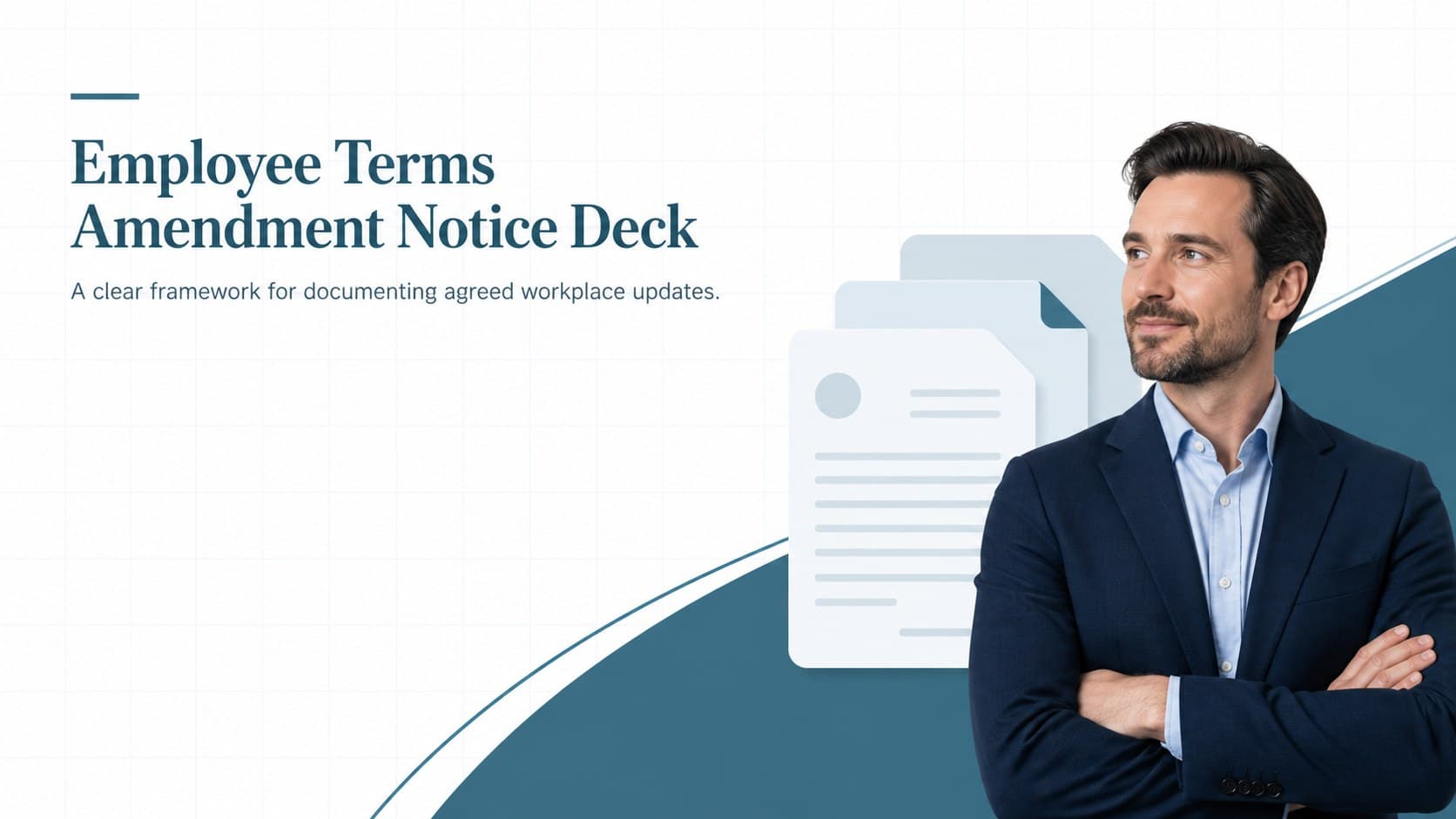 Blue corporate cover for an Employee Terms Amendment Notice Deck with a concise workplace update subtitle.