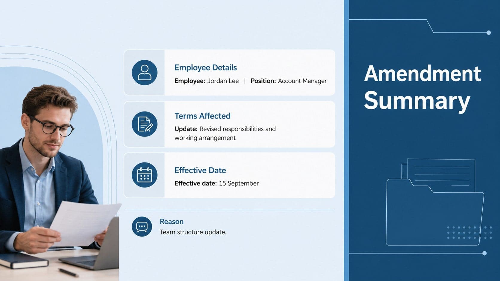 Employment amendment summary slide listing the employee, revised terms, reason, and effective date.