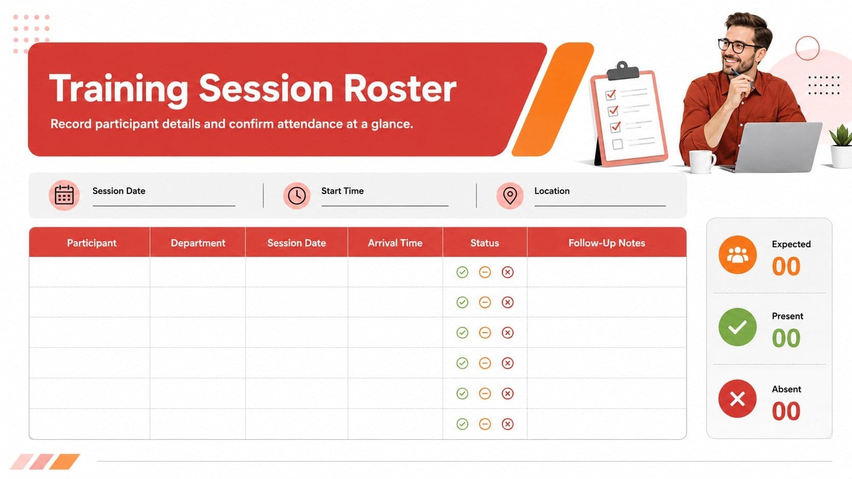 Training session roster spreadsheet showing participant names, departments, attendance status, and follow-up notes.