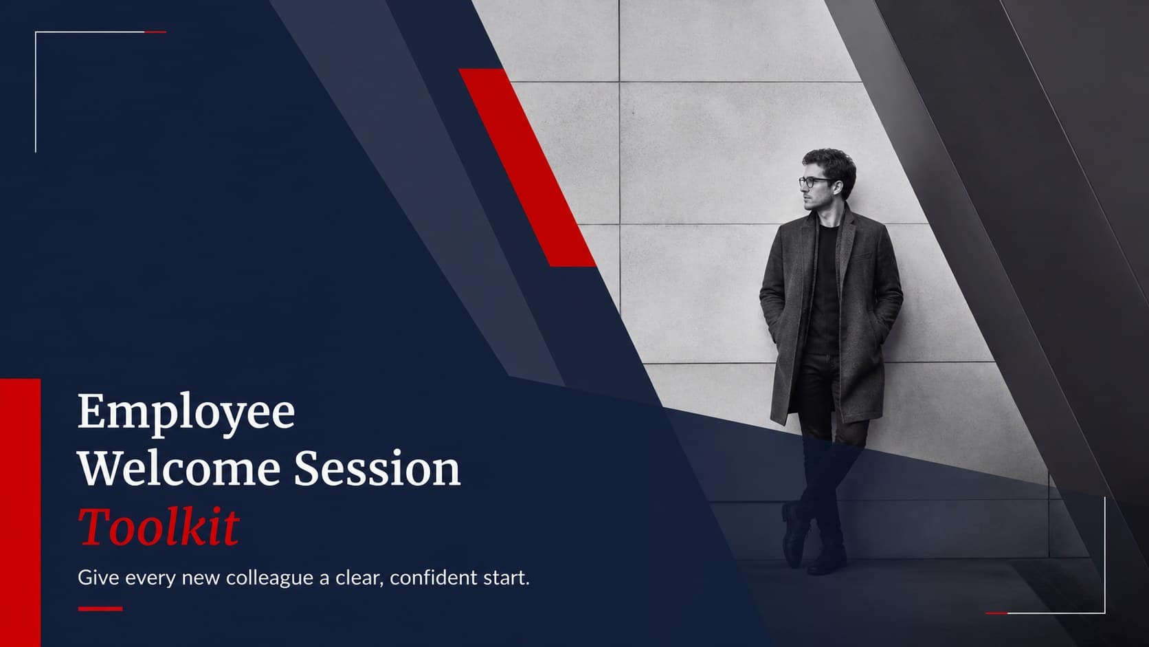 Cover of the Employee Welcome Session Toolkit with minimal red and blue geometric styling.