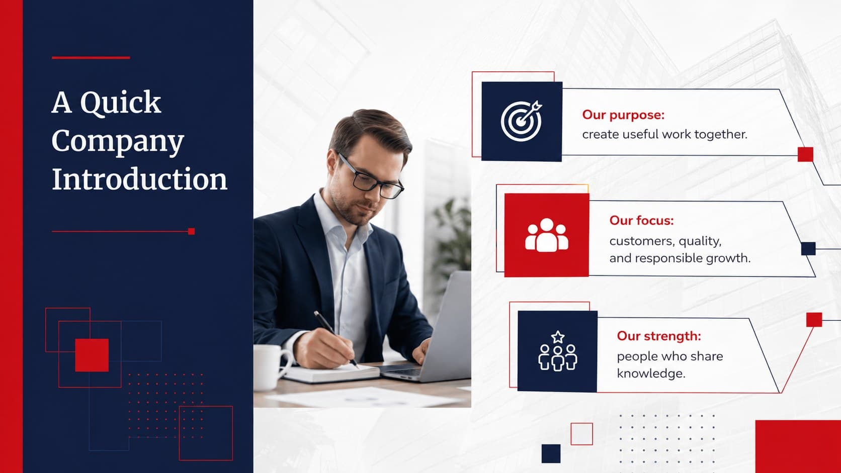 Red and blue new starter introduction slide featuring a concise company overview.