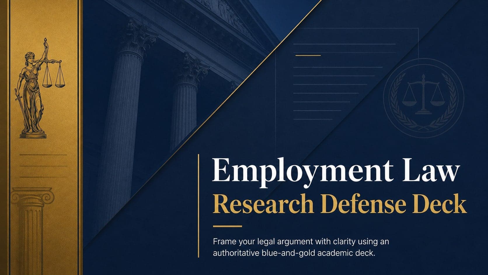Blue-and-gold cover for an Employment Law Research Defense Deck with formal academic typography.