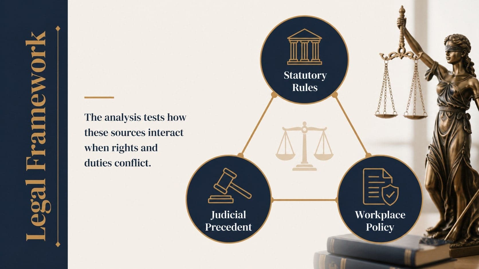 Academic law presentation deck slide mapping statutes, precedent, and workplace policy.