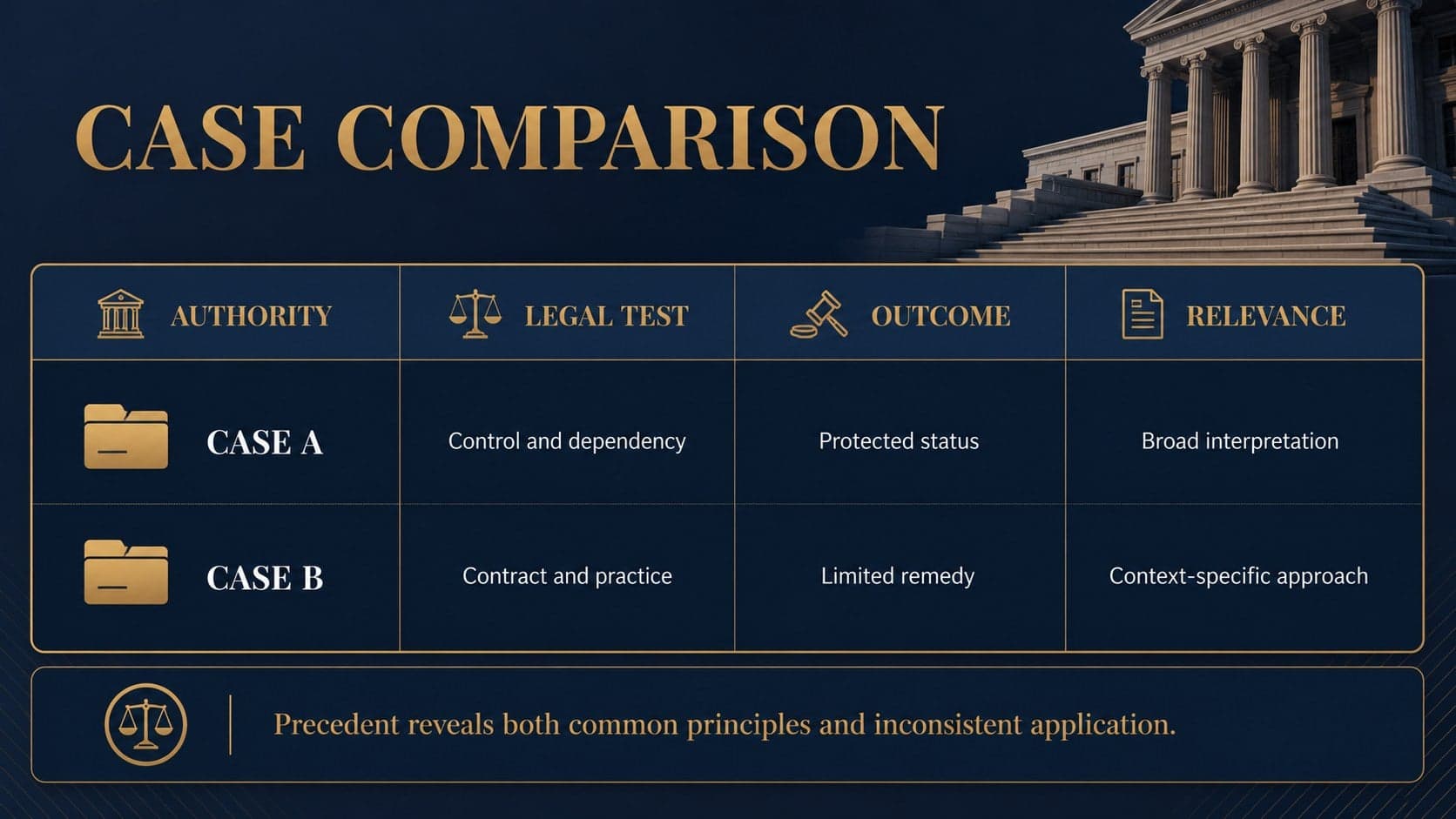Legal case analysis presentation comparing precedent, legal tests, and practical outcomes.