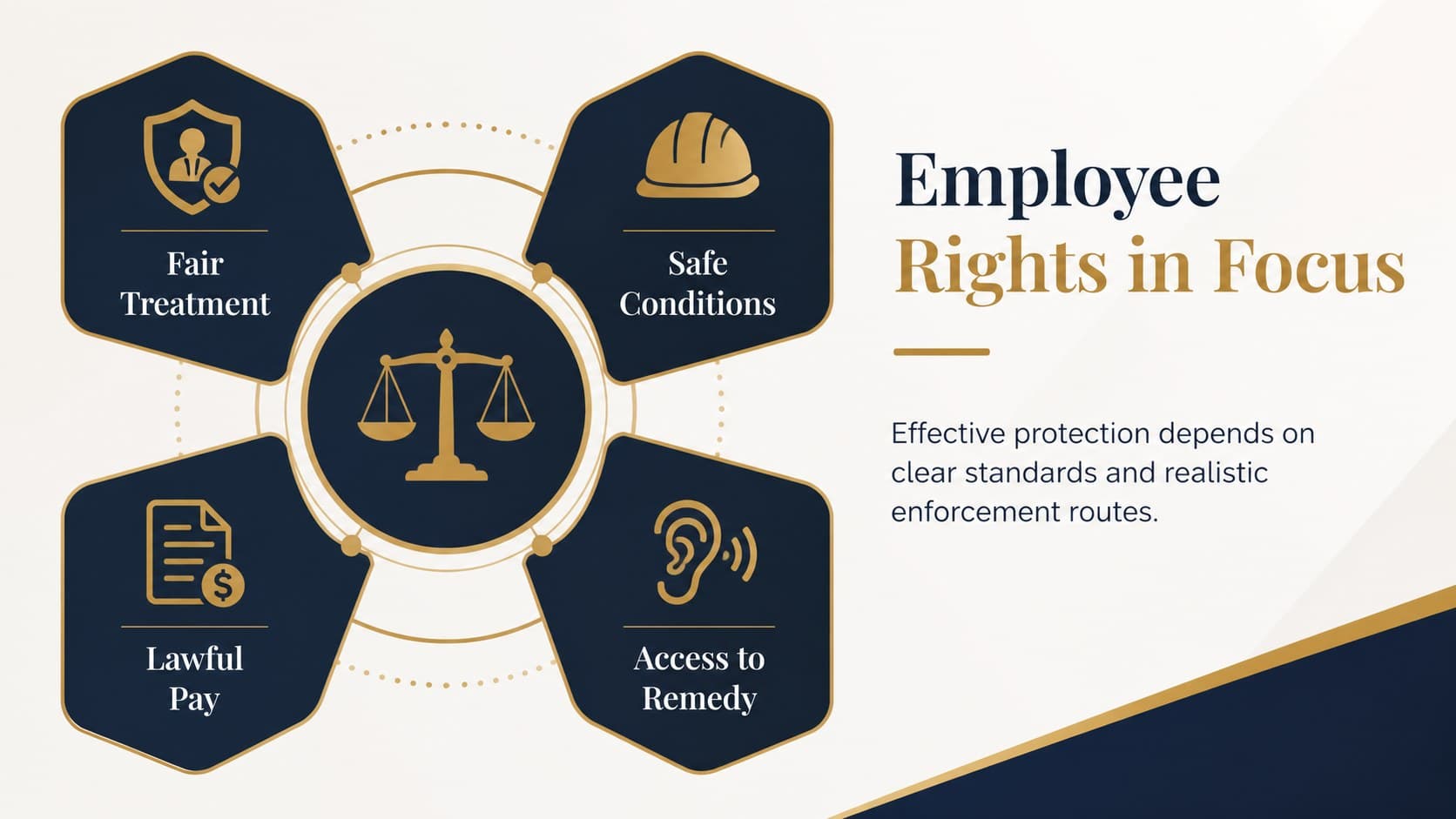 Employment rights research presentation slide listing fairness, safety, pay, and remedy protections.